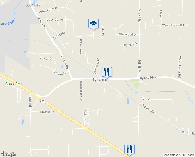map of restaurants, bars, coffee shops, grocery stores, and more near 100 Ryland Ridge Circle in Huntsville