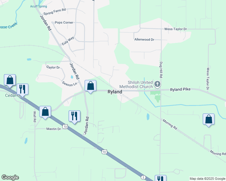map of restaurants, bars, coffee shops, grocery stores, and more near 101 Ryland Ridge Circle in Huntsville