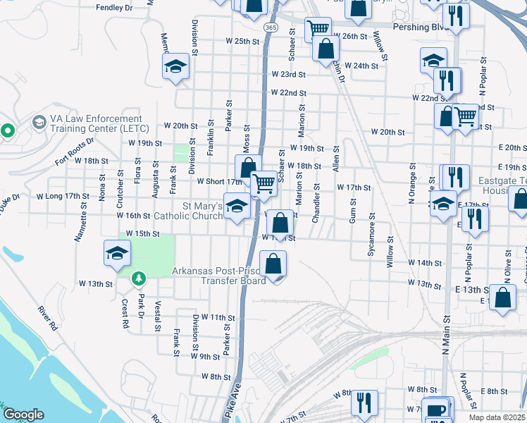 map of restaurants, bars, coffee shops, grocery stores, and more near 1600 Pike Avenue in North Little Rock