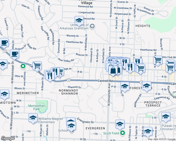 map of restaurants, bars, coffee shops, grocery stores, and more near 1904 North Cleveland Street in Little Rock