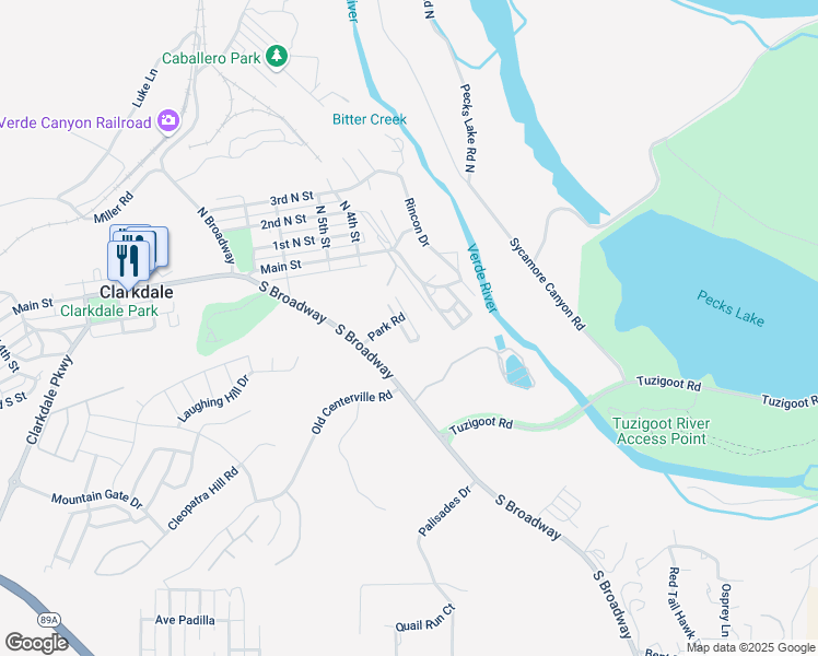 map of restaurants, bars, coffee shops, grocery stores, and more near 135 Zuni Drive in Clarkdale