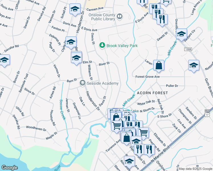 map of restaurants, bars, coffee shops, grocery stores, and more near 1203 Davis Street in Jacksonville