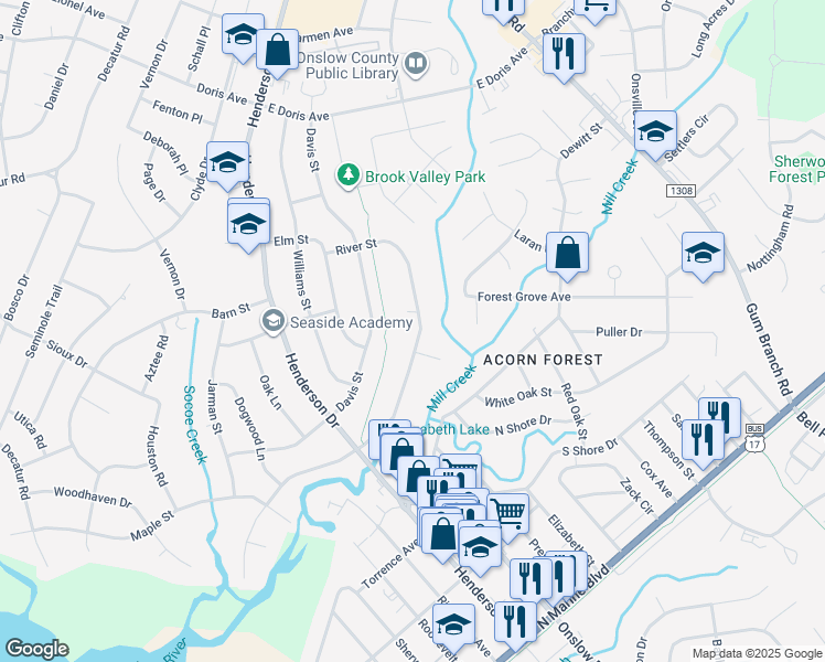 map of restaurants, bars, coffee shops, grocery stores, and more near 1105 River Street in Jacksonville
