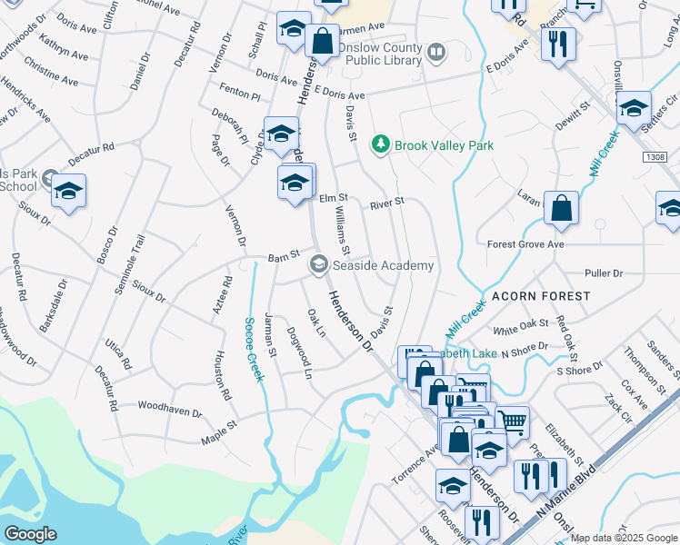 map of restaurants, bars, coffee shops, grocery stores, and more near 1000 School Street in Jacksonville