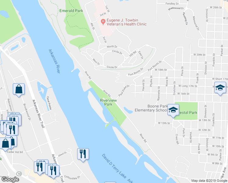 map of restaurants, bars, coffee shops, grocery stores, and more near 2800 River Road in North Little Rock