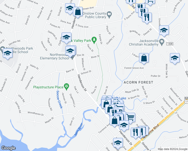 map of restaurants, bars, coffee shops, grocery stores, and more near 508 Elm Street in Jacksonville