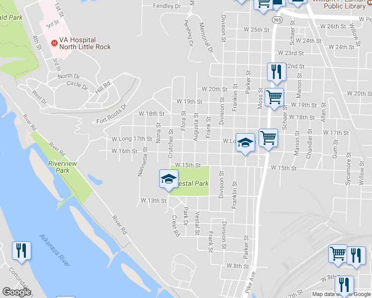 map of restaurants, bars, coffee shops, grocery stores, and more near 1719 West 16th Street in North Little Rock