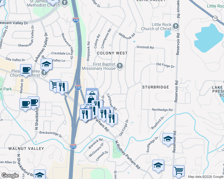 map of restaurants, bars, coffee shops, grocery stores, and more near 1703 Breckenridge Drive in Little Rock