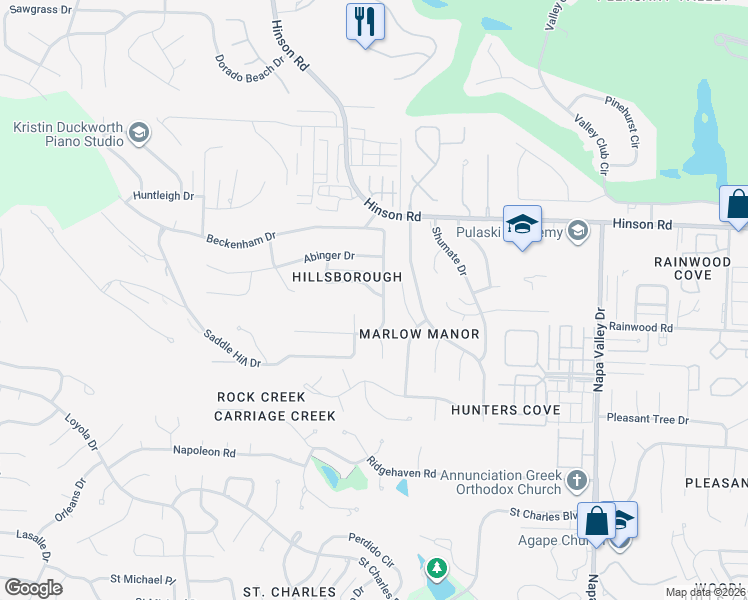 map of restaurants, bars, coffee shops, grocery stores, and more near 1800 Hillsborough Lane in Little Rock