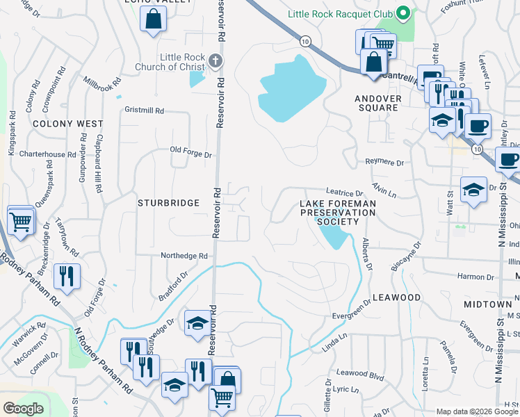 map of restaurants, bars, coffee shops, grocery stores, and more near 6 Windy Court in Little Rock