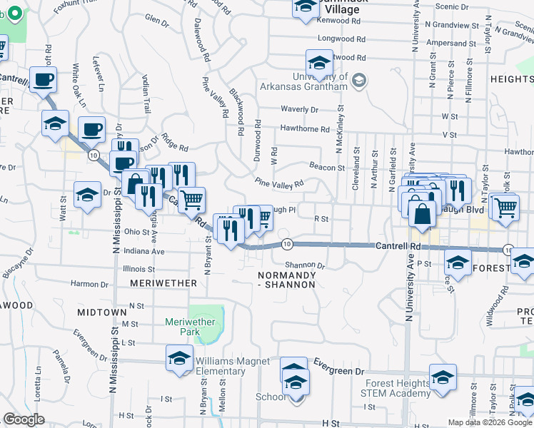 map of restaurants, bars, coffee shops, grocery stores, and more near 6623 Kavanaugh Place in Little Rock