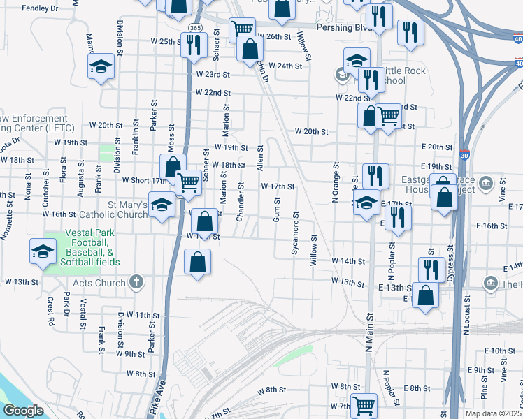 map of restaurants, bars, coffee shops, grocery stores, and more near 1606 Allen Street in North Little Rock