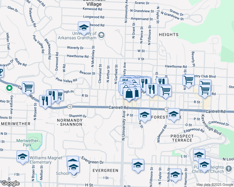map of restaurants, bars, coffee shops, grocery stores, and more near 53 Normandy Drive in Little Rock