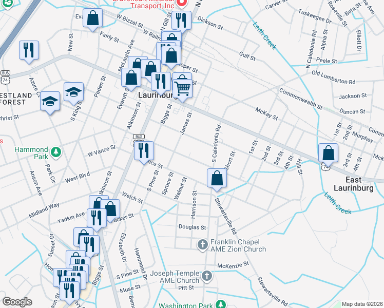 map of restaurants, bars, coffee shops, grocery stores, and more near in Laurinburg