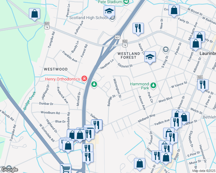 map of restaurants, bars, coffee shops, grocery stores, and more near 908 Scotland Manor Apartments in Laurinburg
