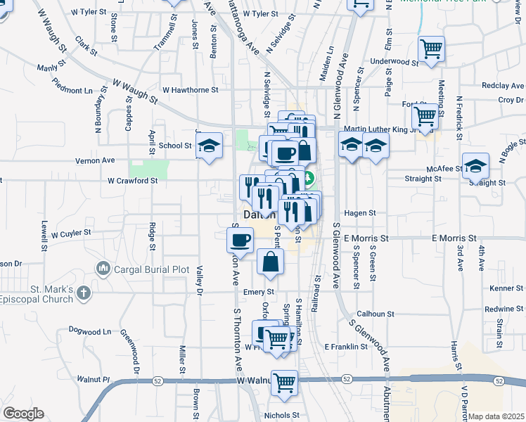 map of restaurants, bars, coffee shops, grocery stores, and more near in Dalton