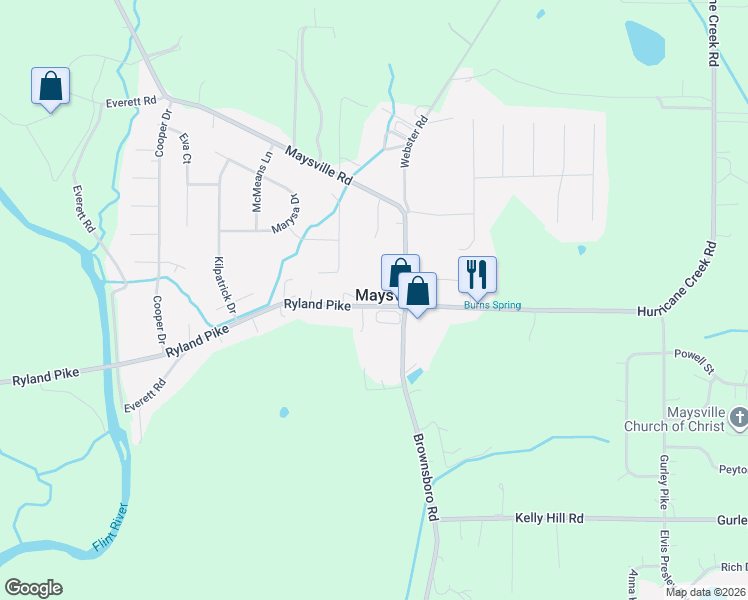 map of restaurants, bars, coffee shops, grocery stores, and more near 1565 Ryland Pike in Huntsville
