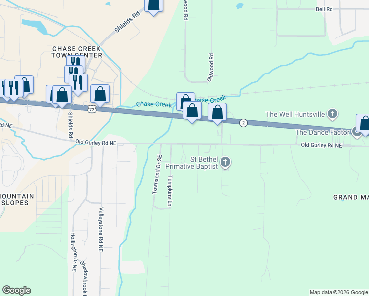 map of restaurants, bars, coffee shops, grocery stores, and more near 602-632 Old Gurley Road Northeast in Huntsville