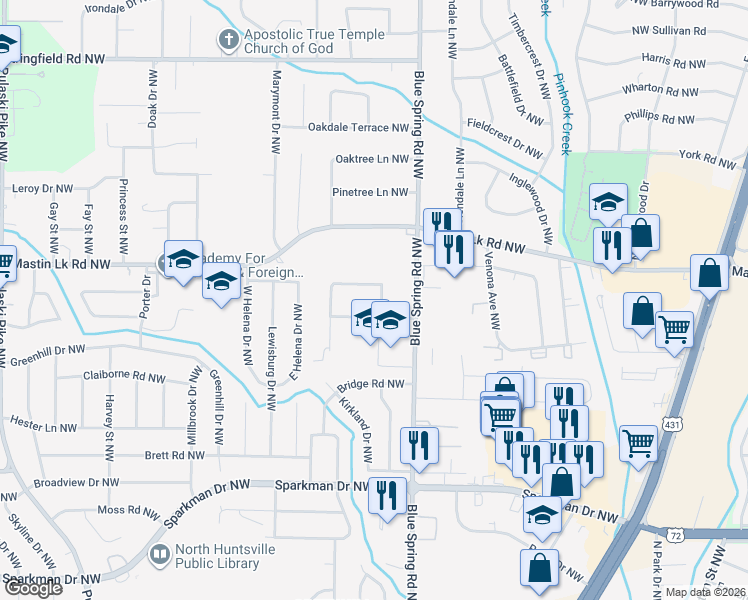 map of restaurants, bars, coffee shops, grocery stores, and more near 3312 Farriss Drive Northwest in Huntsville