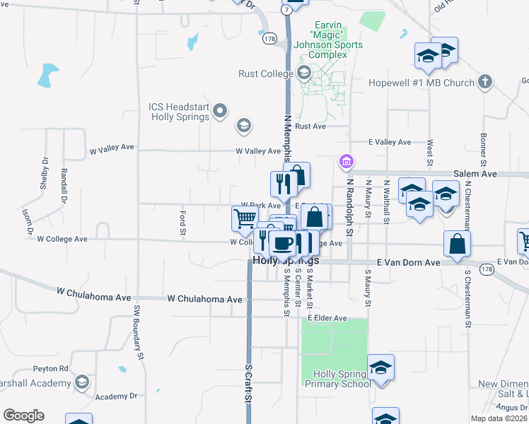 map of restaurants, bars, coffee shops, grocery stores, and more near in Holly Springs