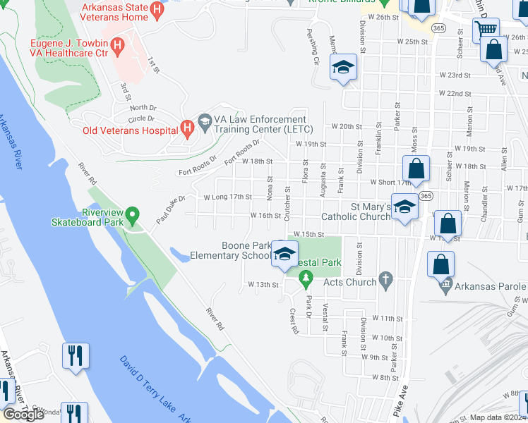map of restaurants, bars, coffee shops, grocery stores, and more near 2011 West 16th Street in North Little Rock