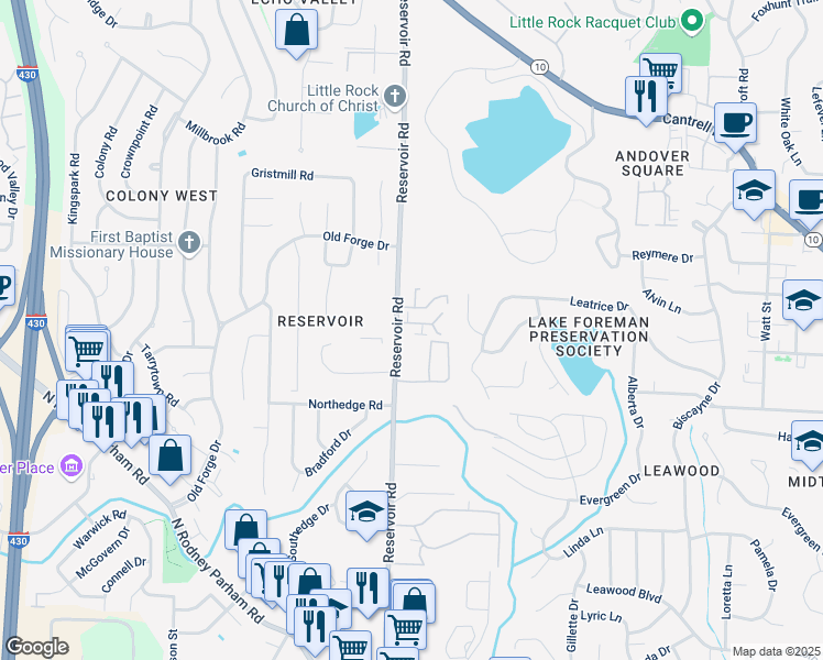map of restaurants, bars, coffee shops, grocery stores, and more near 1900 Reservoir Road in Little Rock