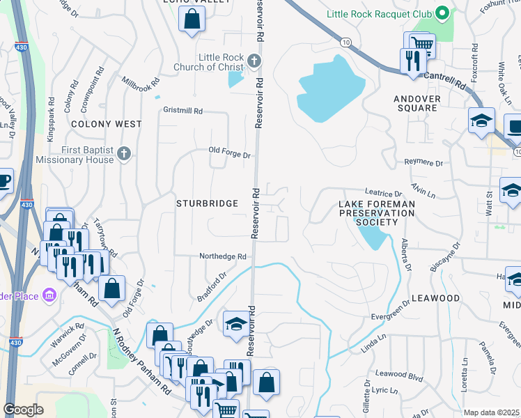 map of restaurants, bars, coffee shops, grocery stores, and more near 1900 Reservoir Road in Little Rock