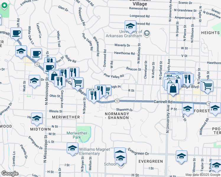 map of restaurants, bars, coffee shops, grocery stores, and more near 6623 Kavanaugh Place in Little Rock