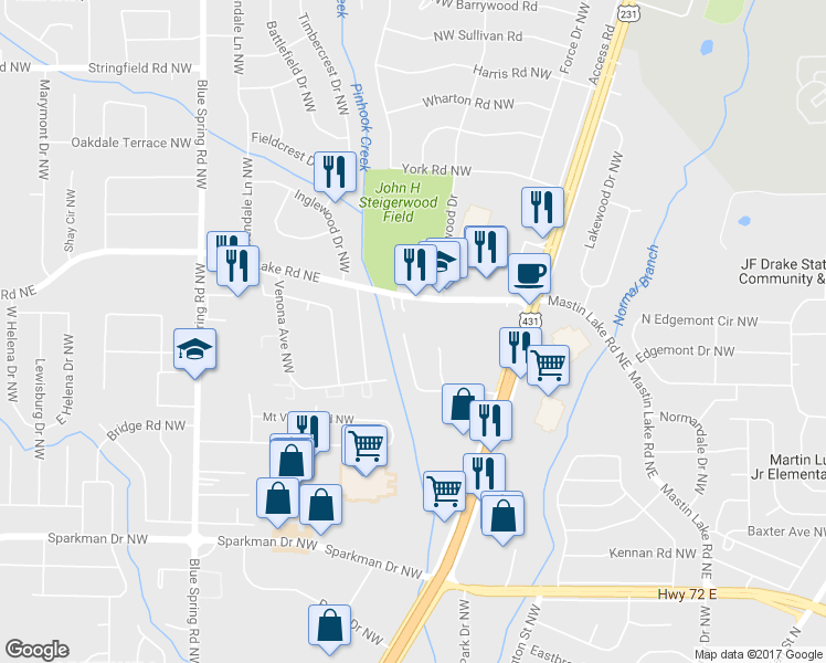 map of restaurants, bars, coffee shops, grocery stores, and more near 2228 Jonathan Drive Northwest in Huntsville