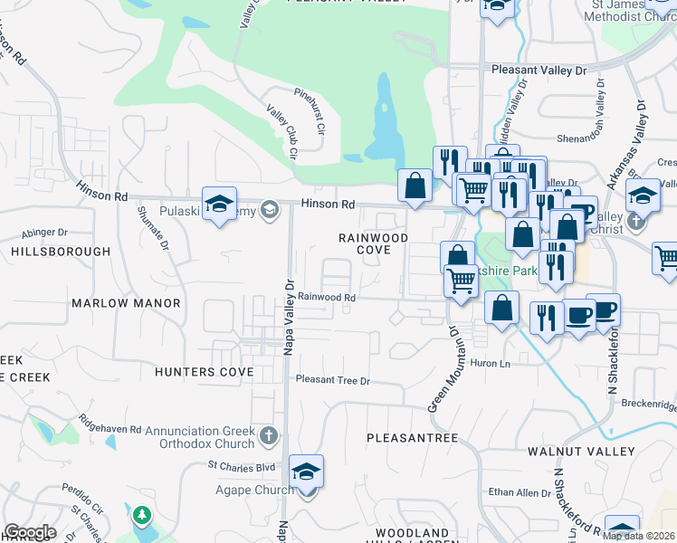 map of restaurants, bars, coffee shops, grocery stores, and more near 6 Rainwood Ln in Little Rock