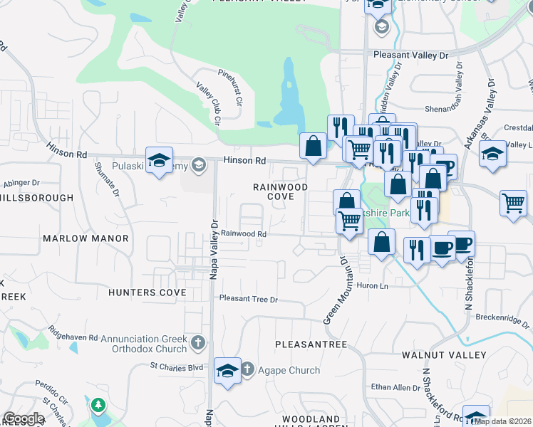 map of restaurants, bars, coffee shops, grocery stores, and more near 1717 Rainwood Cove Drive in Little Rock