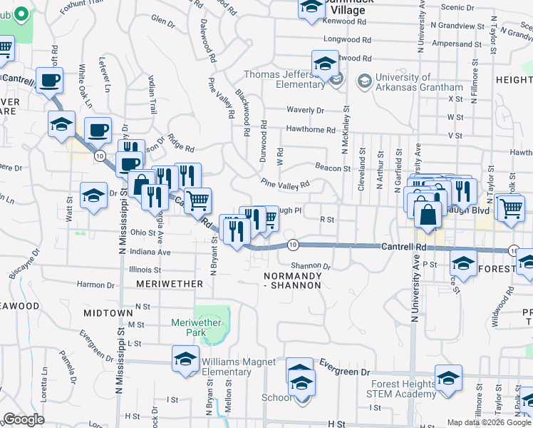 map of restaurants, bars, coffee shops, grocery stores, and more near 6623 Kavanaugh Place in Little Rock