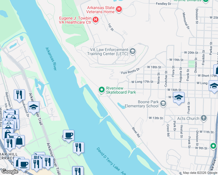 map of restaurants, bars, coffee shops, grocery stores, and more near 2363-2399 Paul Duke Drive in North Little Rock