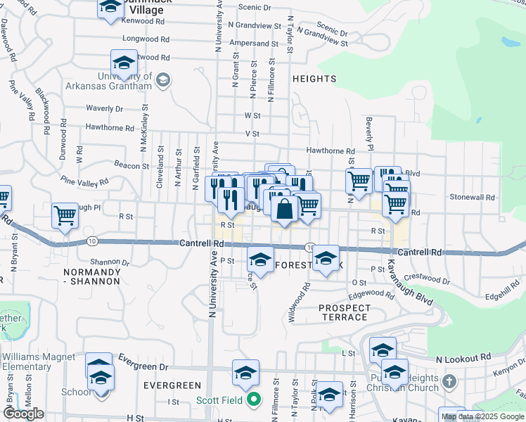 map of restaurants, bars, coffee shops, grocery stores, and more near 5623 Kavanaugh Boulevard in Little Rock