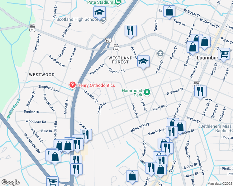 map of restaurants, bars, coffee shops, grocery stores, and more near 602 Fayetteville Street in Laurinburg