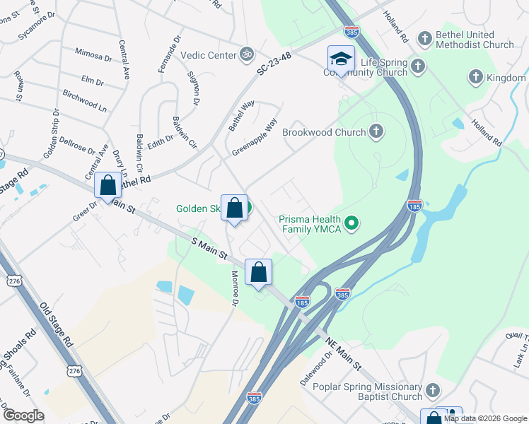 map of restaurants, bars, coffee shops, grocery stores, and more near 110 Balcome Boulevard in Simpsonville
