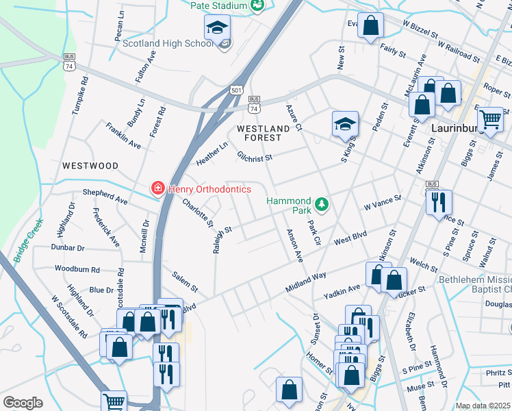 map of restaurants, bars, coffee shops, grocery stores, and more near 602 Fayetteville Street in Laurinburg