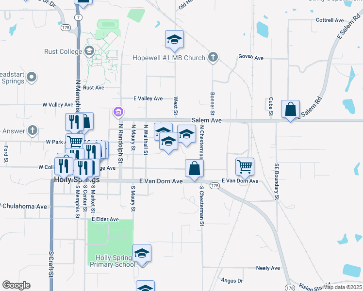 map of restaurants, bars, coffee shops, grocery stores, and more near 325 East Falconer Avenue in Holly Springs