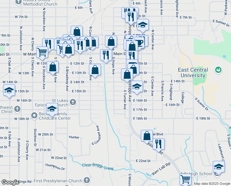 map of restaurants, bars, coffee shops, grocery stores, and more near 501 East 15th Street in Ada