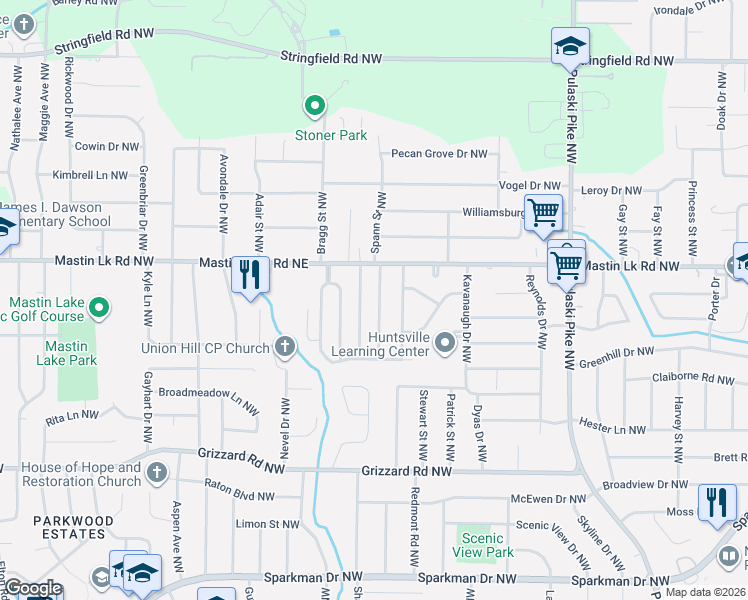 map of restaurants, bars, coffee shops, grocery stores, and more near 3417 Mimosa Lane Northwest in Huntsville