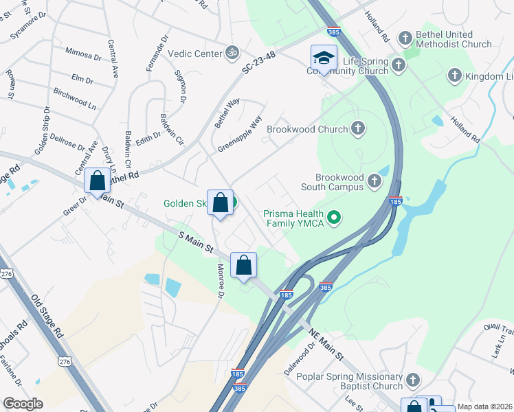 map of restaurants, bars, coffee shops, grocery stores, and more near 442 Elmwood Drive in Simpsonville