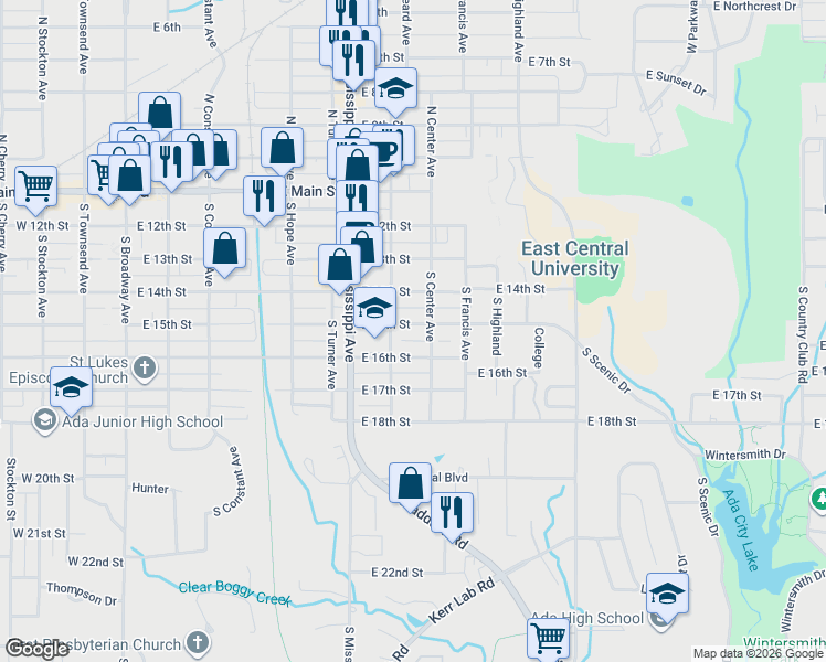 map of restaurants, bars, coffee shops, grocery stores, and more near 821 East 15th Street in Ada