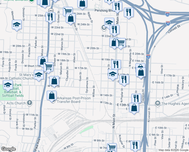 map of restaurants, bars, coffee shops, grocery stores, and more near 320 W 17th St in North Little Rock