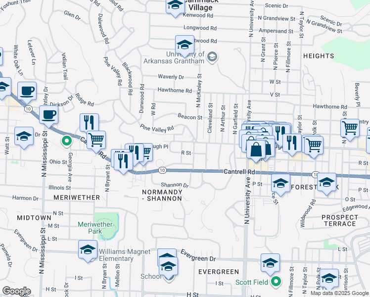 map of restaurants, bars, coffee shops, grocery stores, and more near 1905 Alden Lane in Little Rock