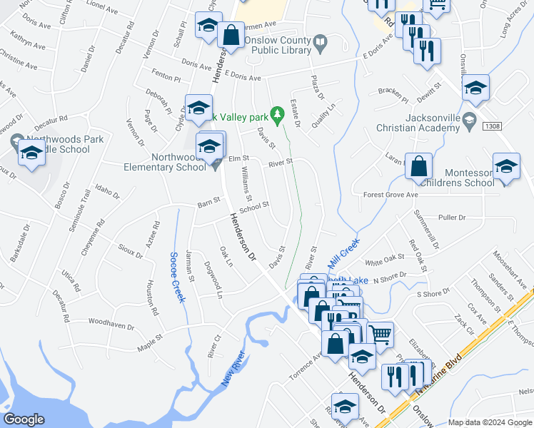map of restaurants, bars, coffee shops, grocery stores, and more near 521 Elm Street in Jacksonville