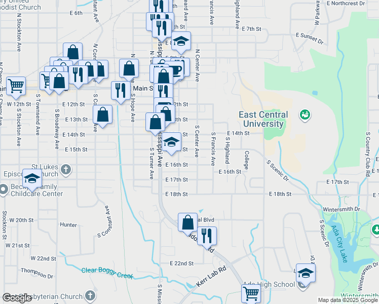 map of restaurants, bars, coffee shops, grocery stores, and more near 821 East 15th Street in Ada