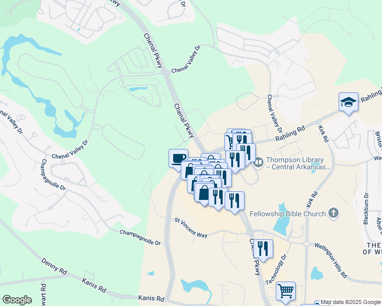 map of restaurants, bars, coffee shops, grocery stores, and more near 17901 Chenal Parkway in Little Rock