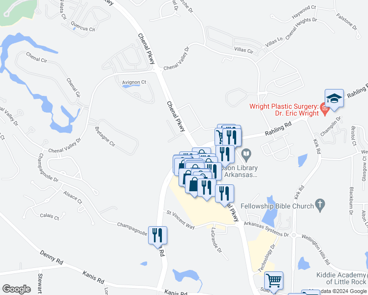 map of restaurants, bars, coffee shops, grocery stores, and more near 17901 Chenal Parkway in Little Rock