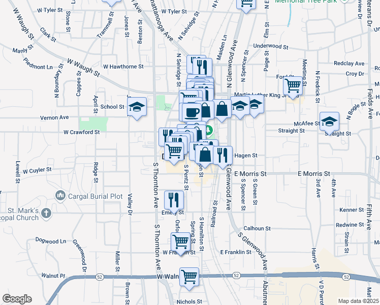 map of restaurants, bars, coffee shops, grocery stores, and more near 116 West Cuyler Street in Dalton