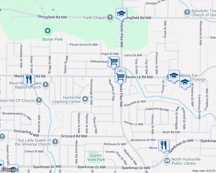 map of restaurants, bars, coffee shops, grocery stores, and more near 3605 Reynolds Circle Northwest in Huntsville